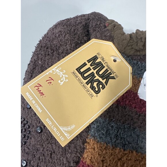 Muk Luks Aloe Infused Slipper Socks L/XL Set of 2 Non-Skid Sole Brown Burgundy - Picture 3 of 5